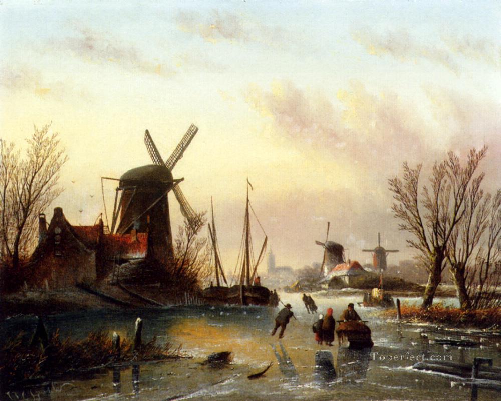A Frozen River Landscape boat Jan Jacob Coenraad Spohler Oil Paintings